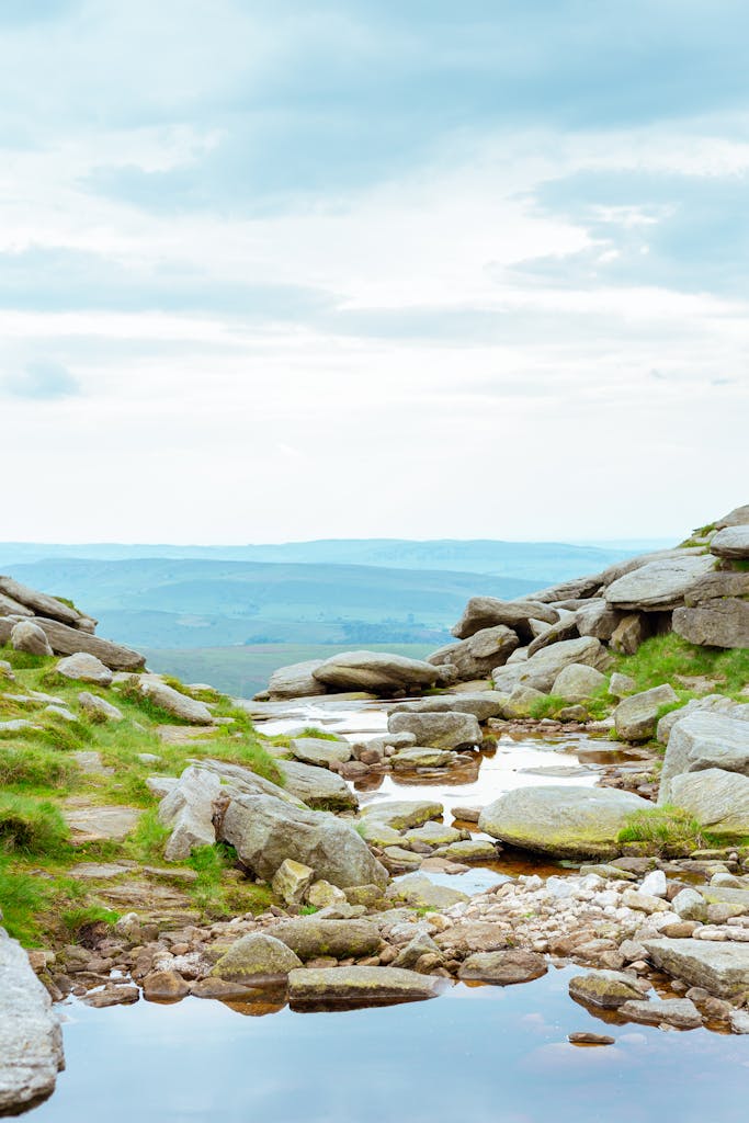 A tranquil view of a rocky stream at Kinder Scout, England, ideal for nature lovers.